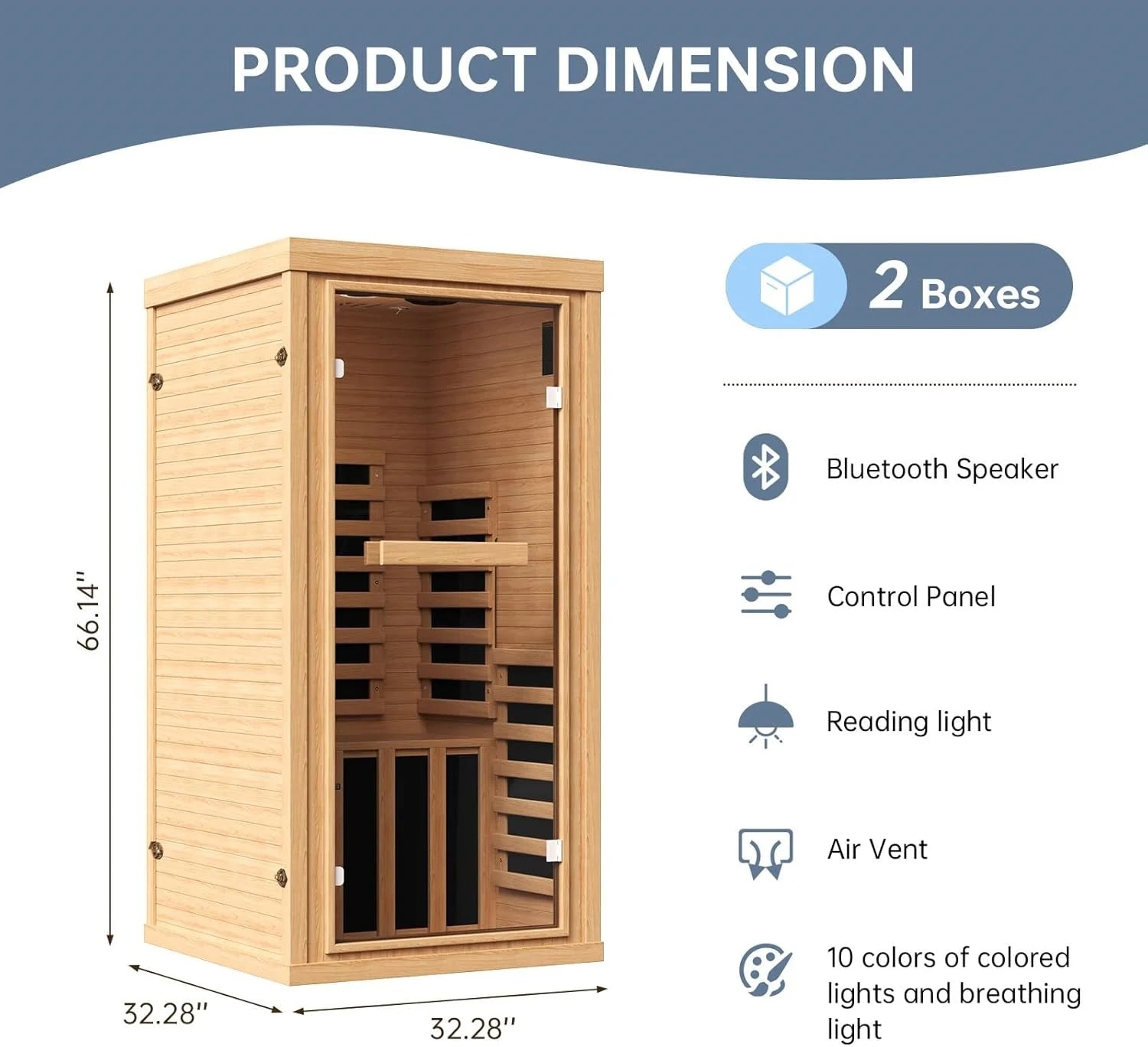 Nordivale 1-2 Person Far Infrared Sauna Room Canadian Hemlock Indoor Dry Spa Low EMF Full Glass Door Bluetooth Speaker Control Panel 32x32x66