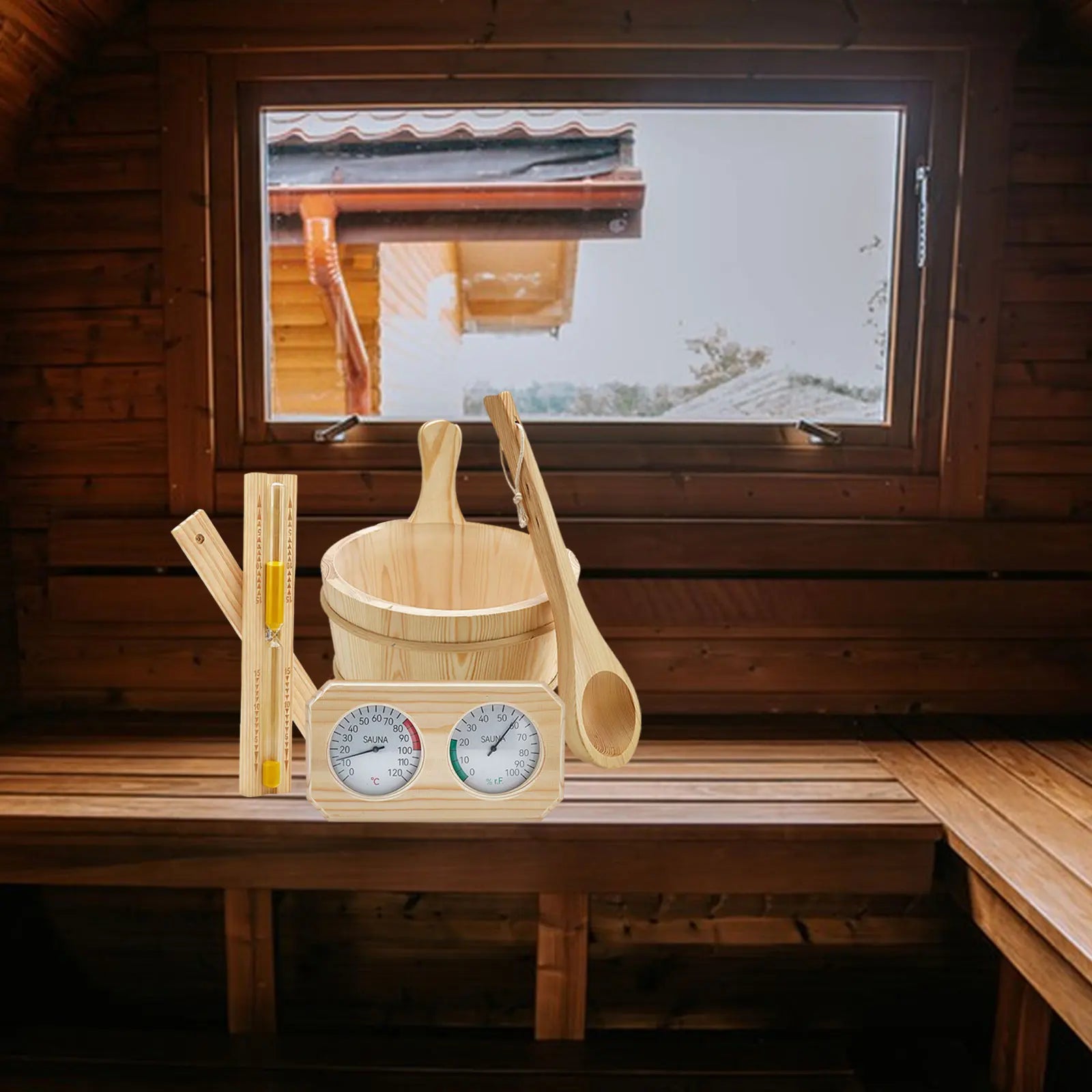 Sauna Equipment Kit 4L Wooden Bucket Premium Ladle Thermometer Sand Timer Set for Steam Room