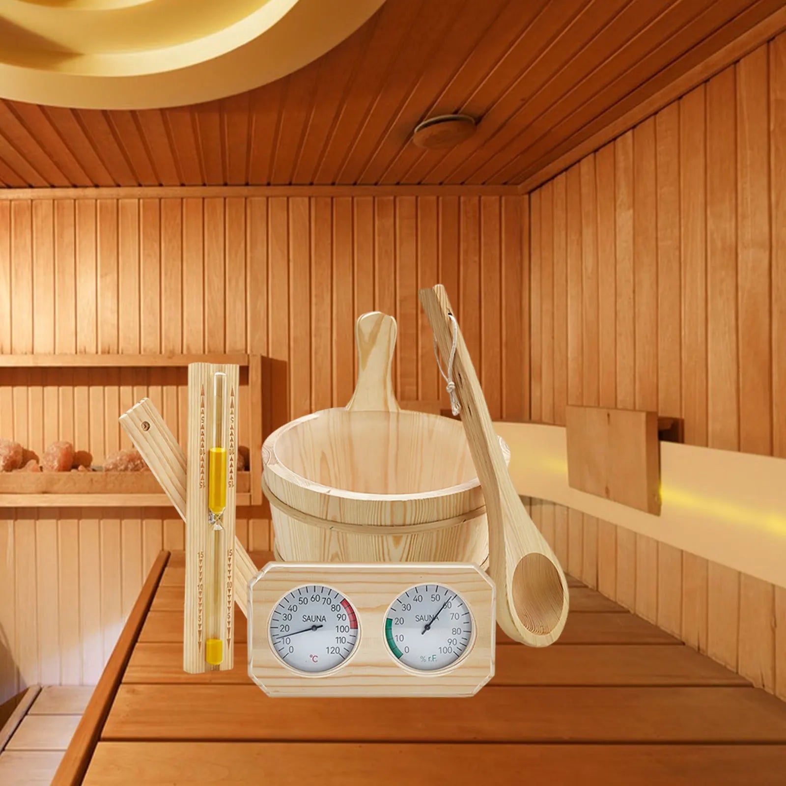 Sauna Equipment Kit 4L Wooden Bucket Premium Ladle Thermometer Sand Timer Set for Steam Room