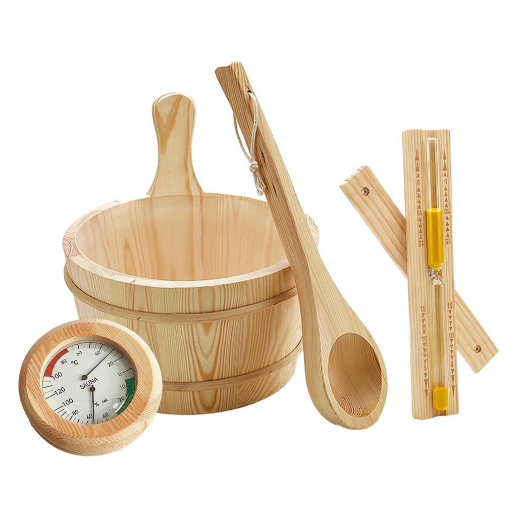 Sauna Equipment Kit 4L Wooden Bucket Premium Ladle Thermometer Sand Timer Set for Steam Room