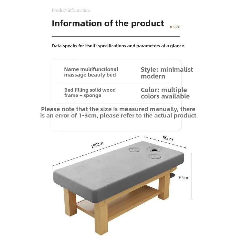 Solid Wood Massage Table Professional Beauty Bed Adjustable Spa Treatment Couch for Salon Physiotherapy Lash Facial Therapy Bed