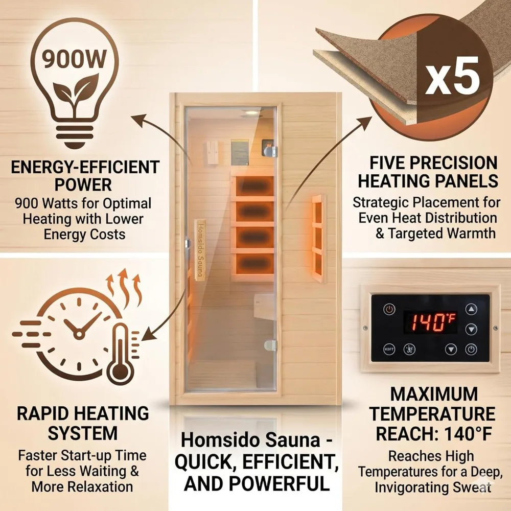 1-Person Low EMF Far Infrared Sauna, 900W Canadian Hemlock, Bluetooth, LED Light, Easy Assembly