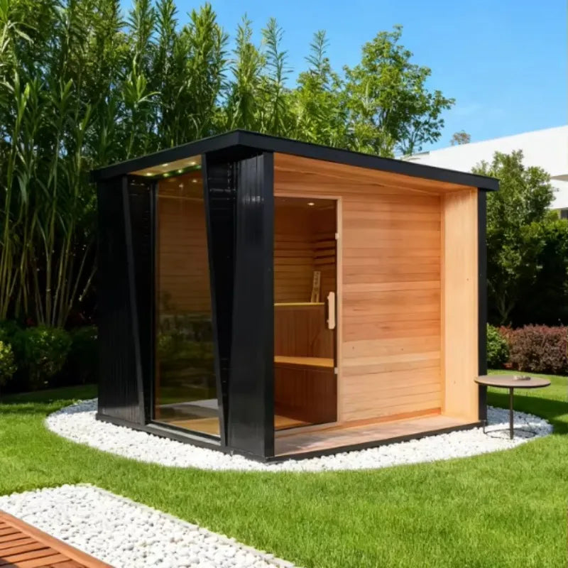 Customized 4 Person Outdoor Traditional Hemlock Wood Sauna Infrared Salt Therapy Sauna for Garden Backyard Villa Spa Relaxation