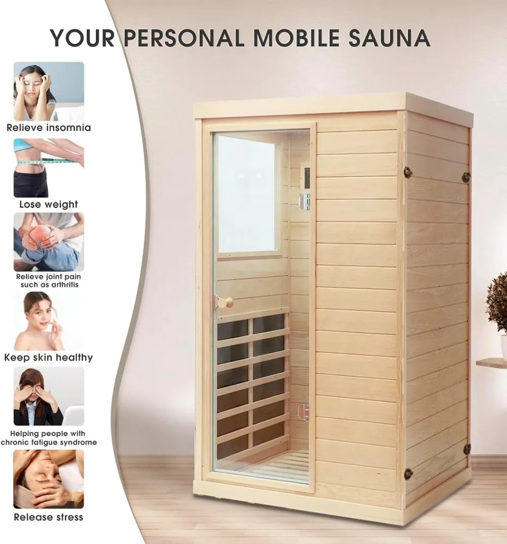 1 Person Far Infrared Sauna Low EMF Mini Indoor Wood Sauna Compact Home Spa Bluetooth LED Light 120V 950W