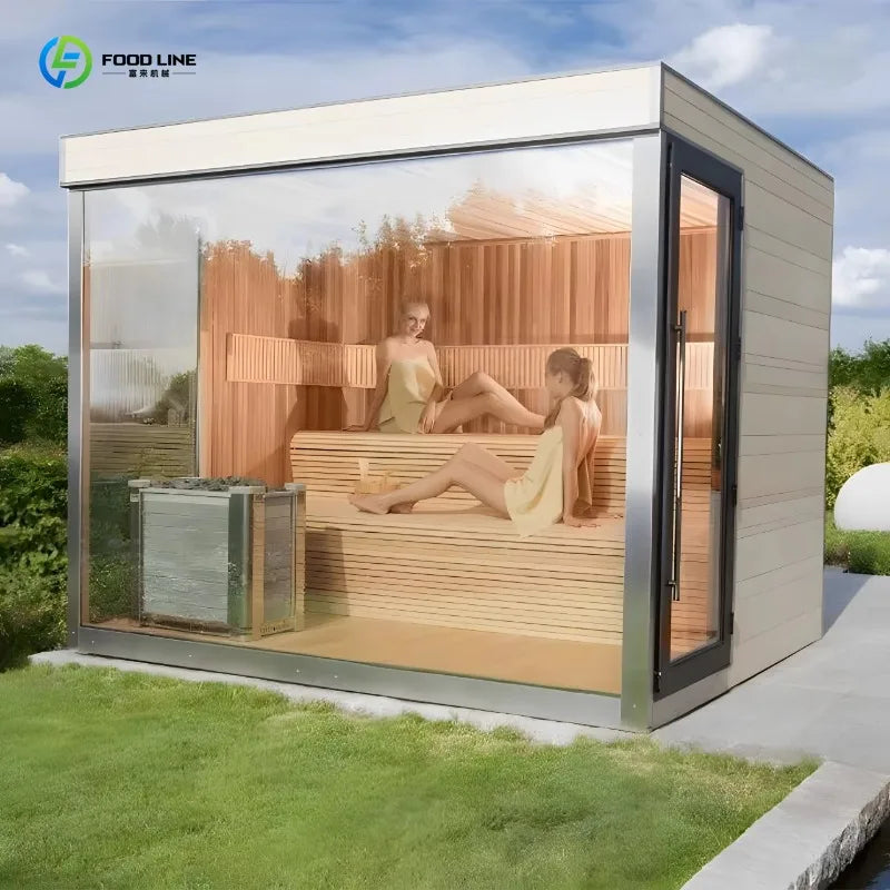 Modern Design 6kw Power Hemlock Solid Wood Panoramic Outdoor Dry Steam Sauna with Control Panel High Quality