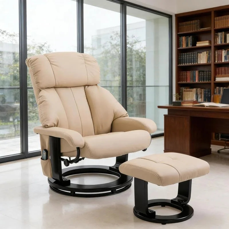 Beige  10-Point Massage Recliner Chair Faux Leather and Swivel Wood Base