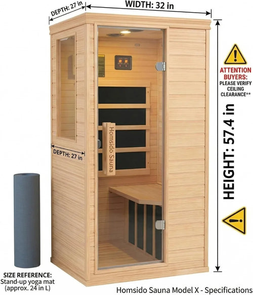 1-Person Low EMF Far Infrared Sauna, 900W Canadian Hemlock, Bluetooth, LED Light, Easy Assembly