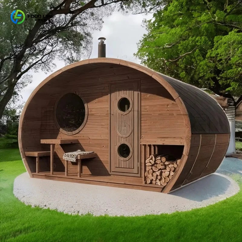 Customized Outdoor Barrel Sauna Suite Traditional Wood Burning Stove Village Wellness Retreat