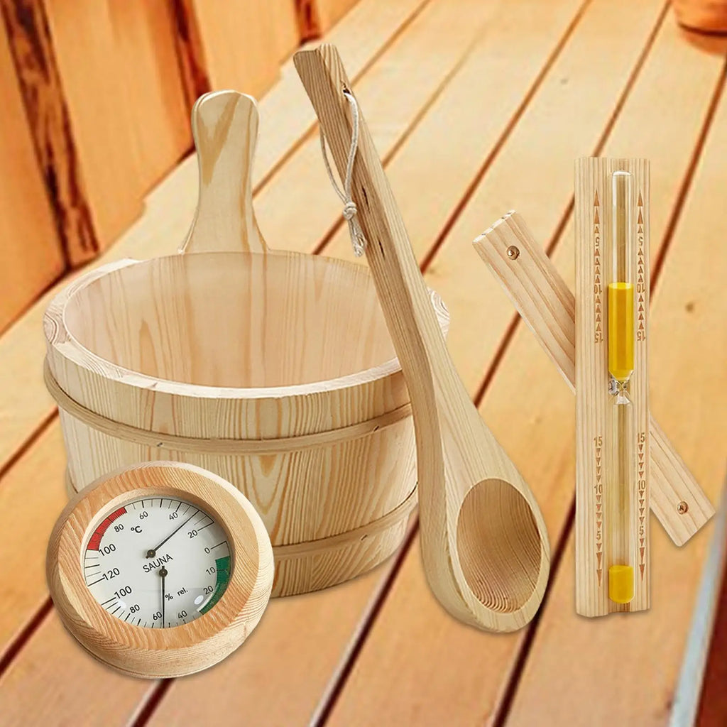 Sauna Equipment Kit 4L Wooden Bucket Premium Ladle Thermometer Sand Timer Set for Steam Room