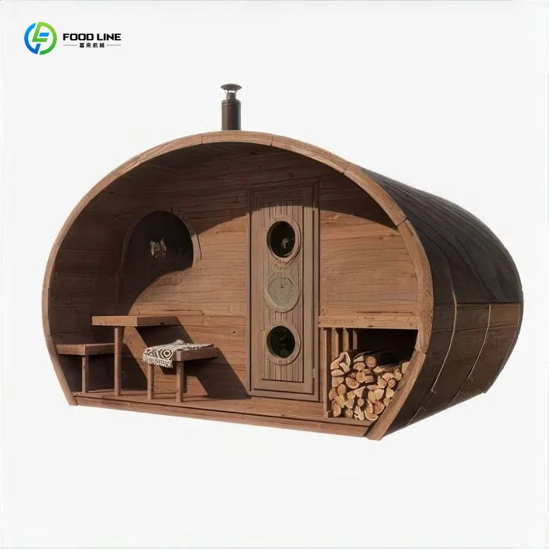 Customized Outdoor Barrel Sauna Suite Traditional Wood Burning Stove Village Wellness Retreat