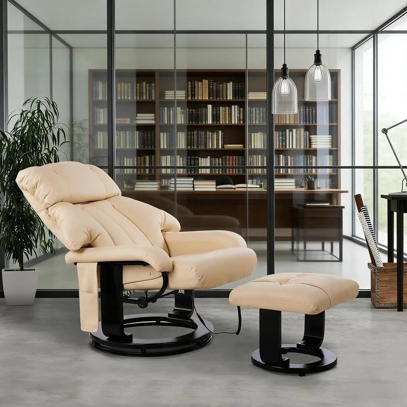 Beige  10-Point Massage Recliner Chair Faux Leather and Swivel Wood Base