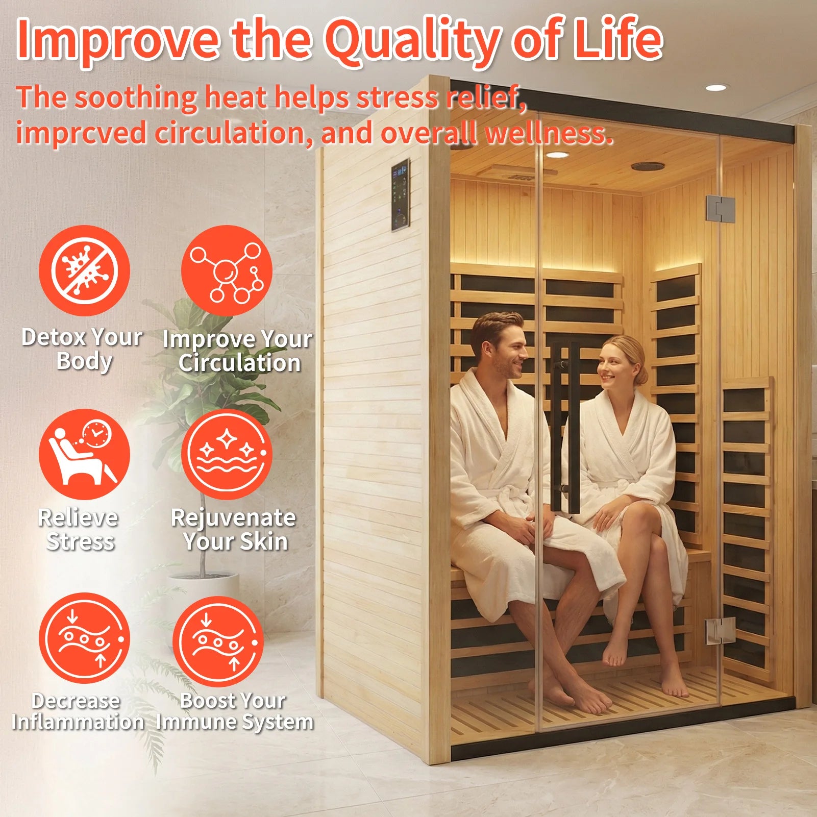  Outdoor Natural Spruce Graphene Far Infrared Sauna Room, Low EMF Home Sauna Cabin with Waterproof Asphalt Roof, Color Light Therapy for Backyard Spa Relax 