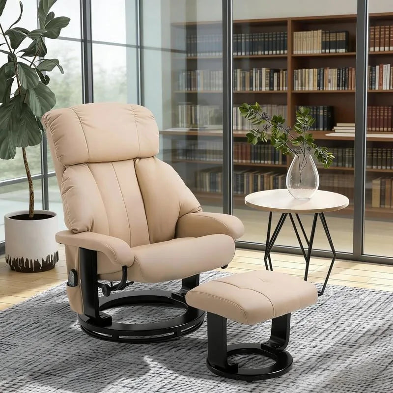Beige  10-Point Massage Recliner Chair Faux Leather and Swivel Wood Base