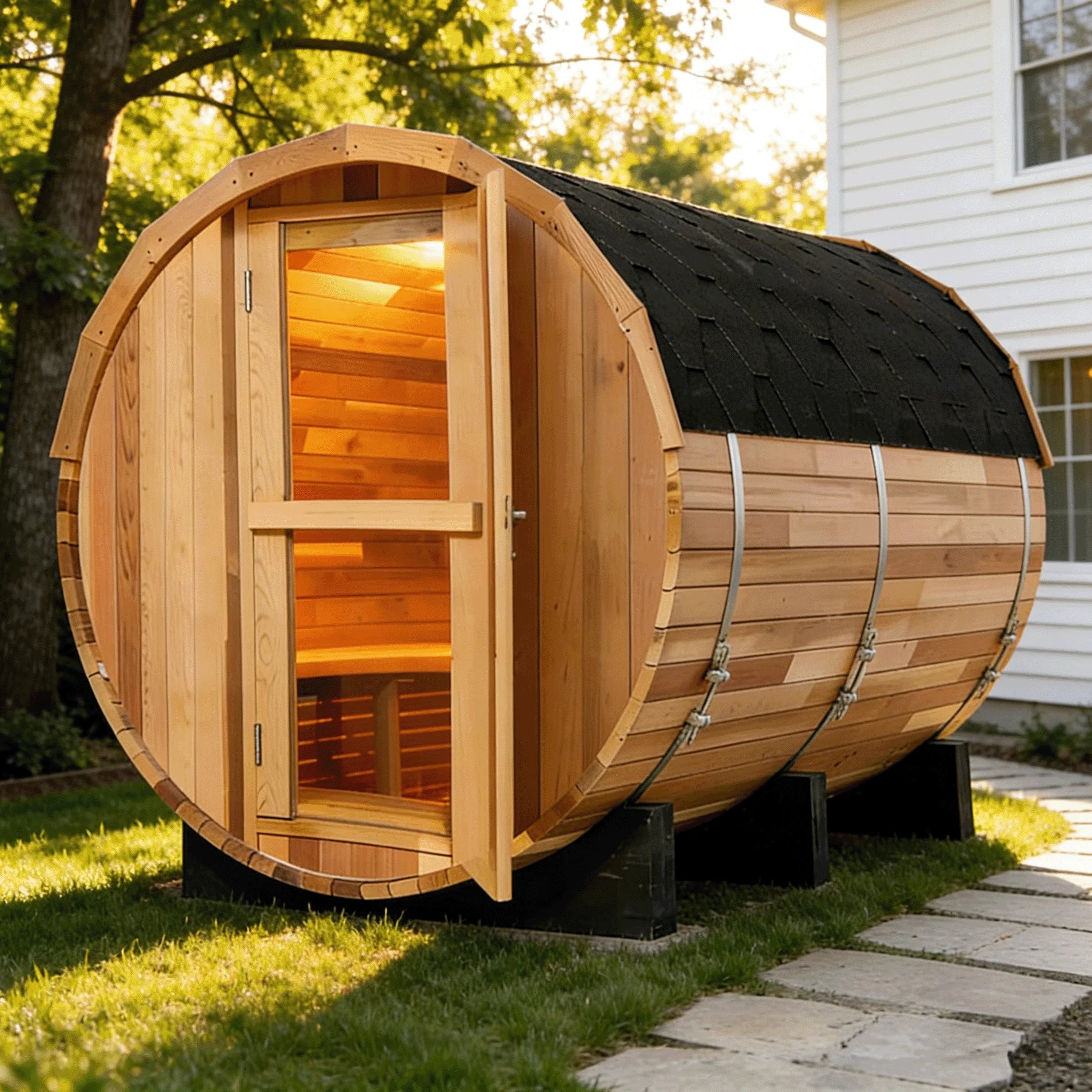 Outdoor Panoramic Sauna Room | Round Steam Room | Anti-Corrosion Red Cedar | Custom