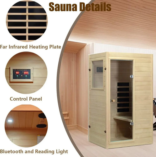 1 Person Far Infrared Sauna Low EMF Mini Indoor Wood Sauna Compact Home Spa Bluetooth LED Light 120V 950W