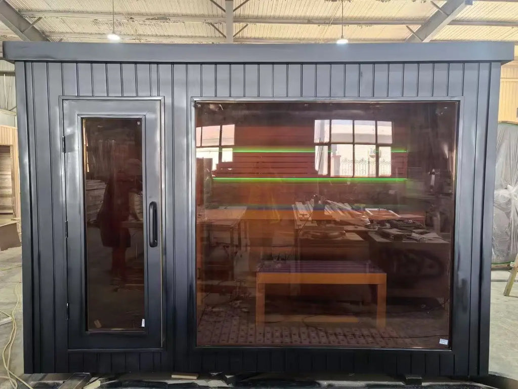 The Modern Hemlock Outdoor Sauna Is Equipped With A Villa Stove And Stones