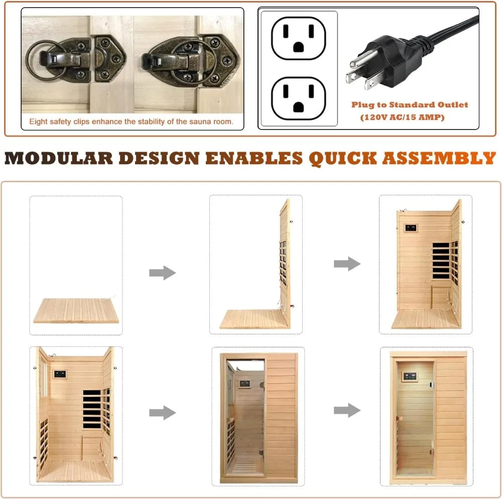 1 Person Far Infrared Sauna Low EMF Mini Indoor Wood Sauna Compact Home Spa Bluetooth LED Light 120V 950W