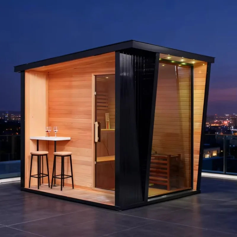 Customized 4 Person Outdoor Traditional Hemlock Wood Sauna Infrared Salt Therapy Sauna for Garden Backyard Villa Spa Relaxation