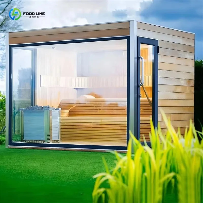 Modern Design 6kw Power Hemlock Solid Wood Panoramic Outdoor Dry Steam Sauna with Control Panel High Quality