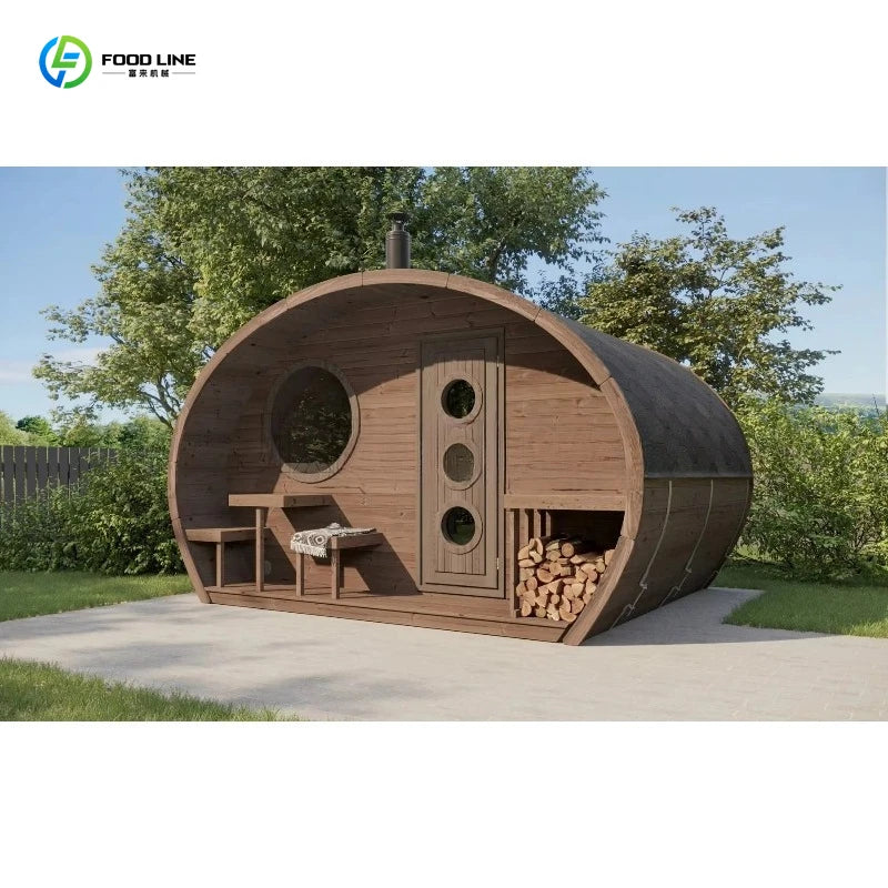 Customized Outdoor Barrel Sauna Suite Traditional Wood Burning Stove Village Wellness Retreat