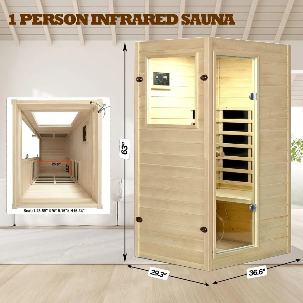 1 Person Far Infrared Sauna Low EMF Mini Indoor Wood Sauna Compact Home Spa Bluetooth LED Light 120V 950W