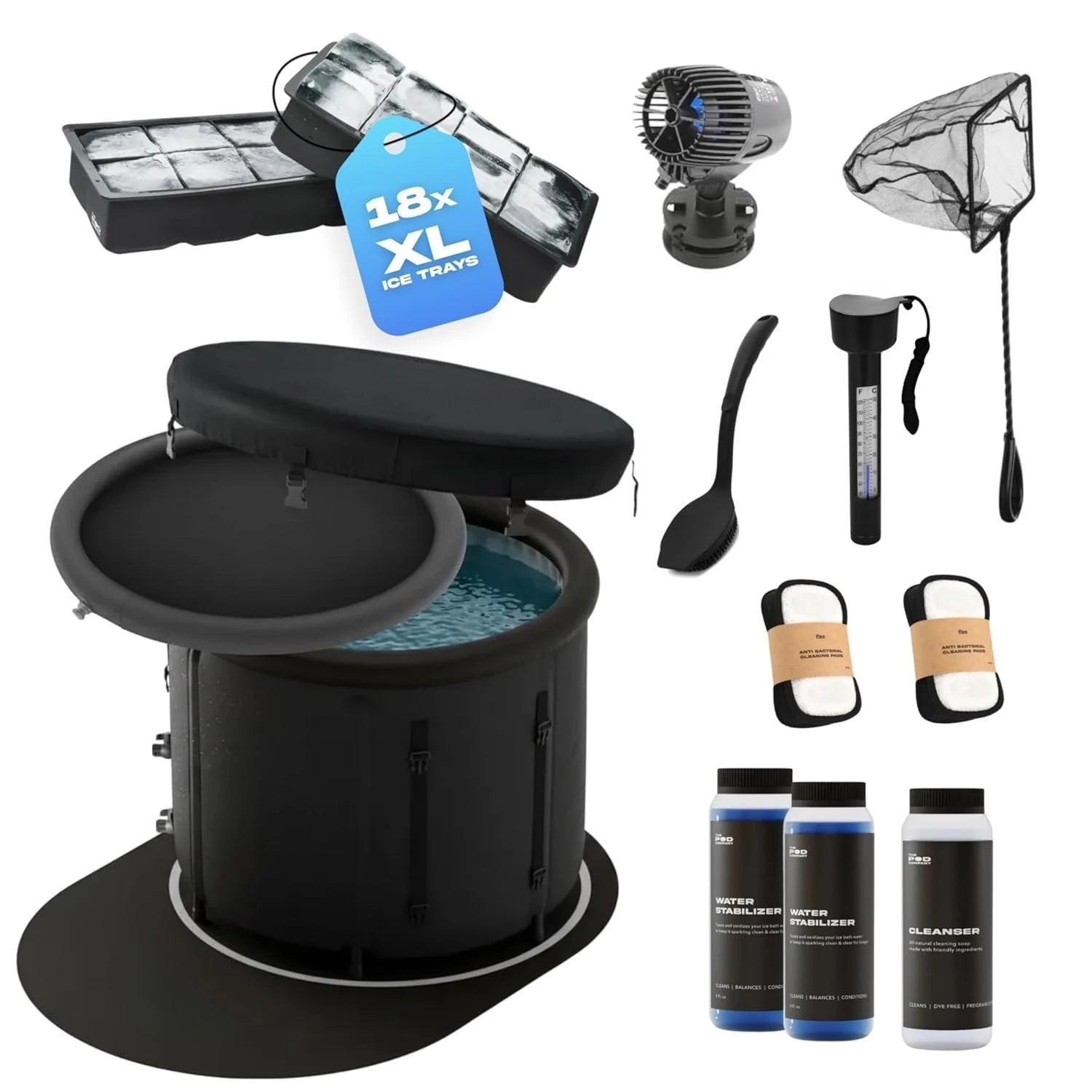 Ice Pod Complete Cold Plunge Bundle, 100 Gal Ice Bath, 18 Ice Bricks, Insulated Lid & Cover, Water Jet, Custom