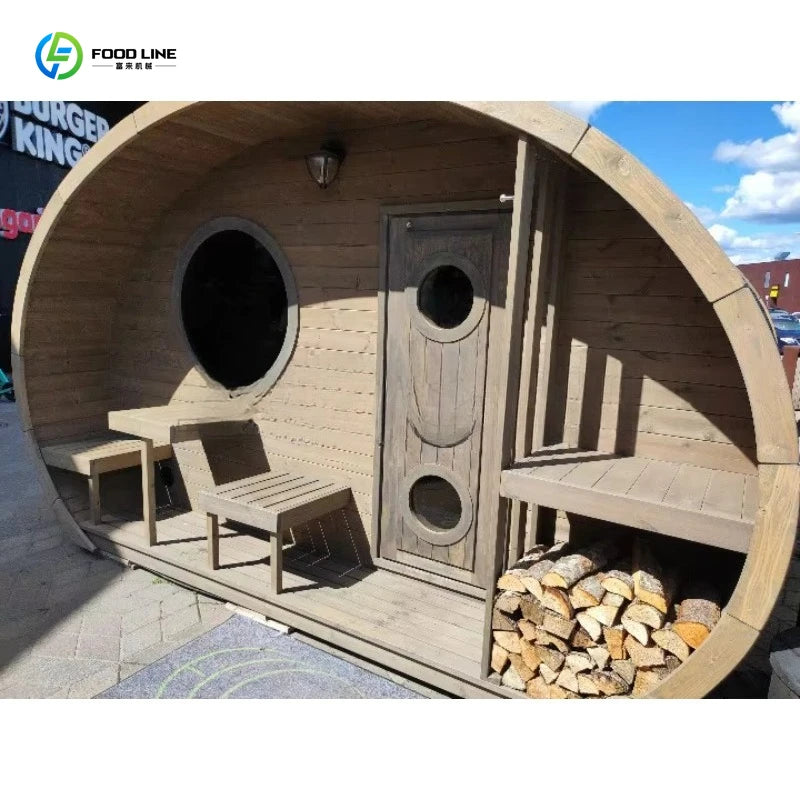 Customized Outdoor Barrel Sauna Suite Traditional Wood Burning Stove Village Wellness Retreat