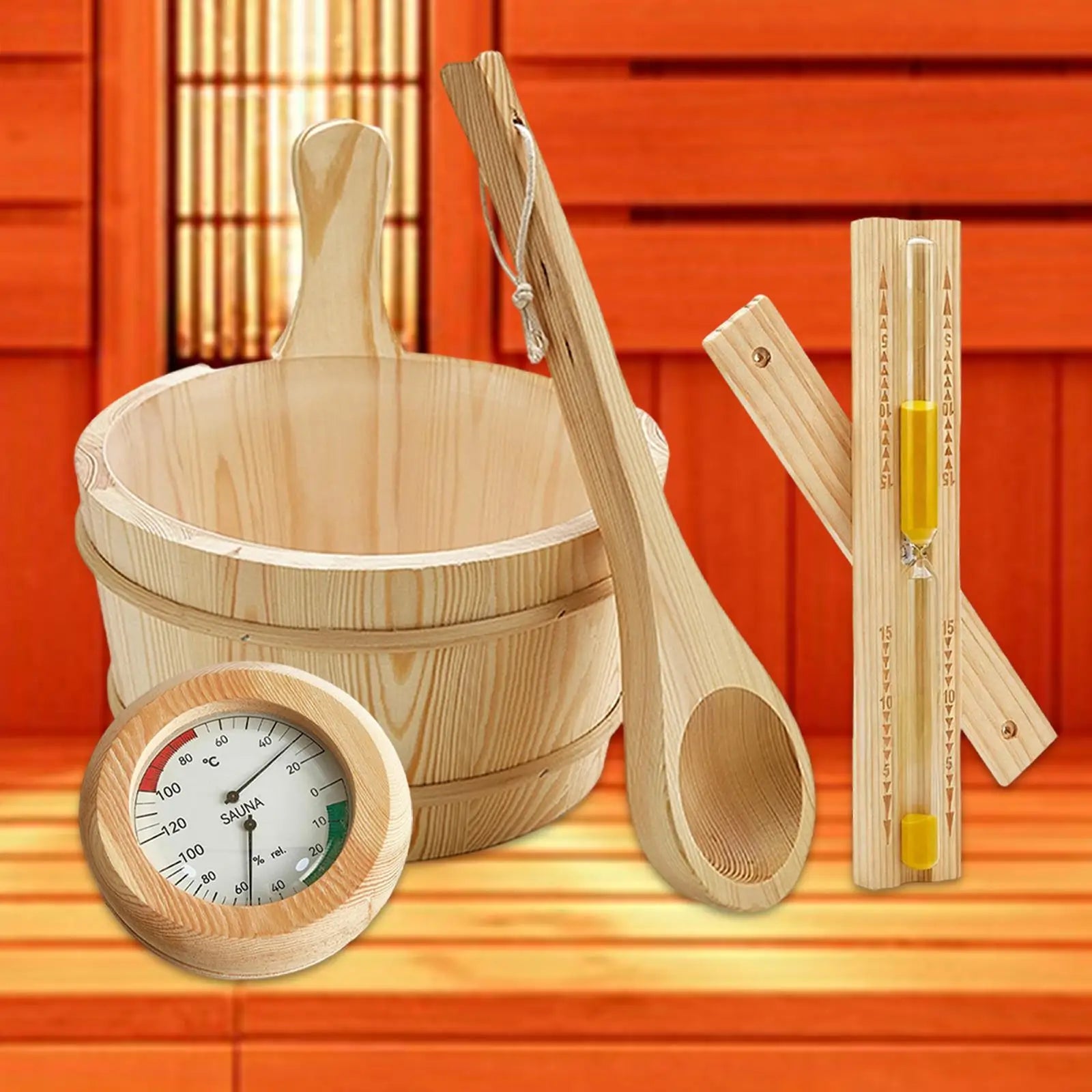 Sauna Equipment Kit 4L Wooden Bucket Premium Ladle Thermometer Sand Timer Set for Steam Room