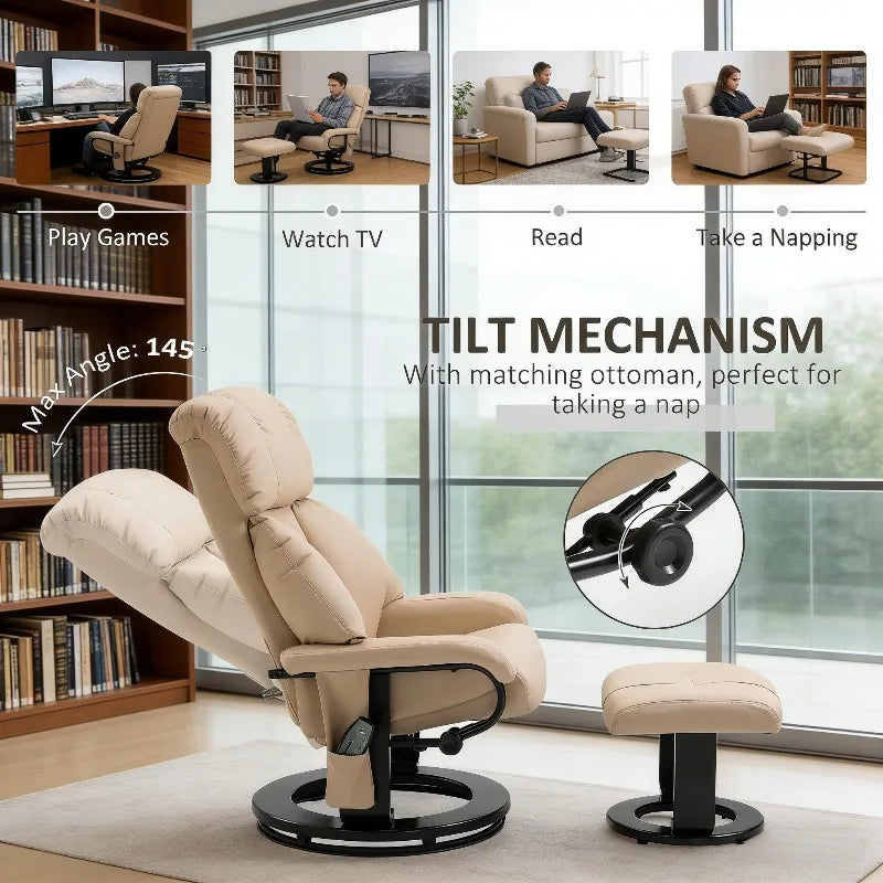 Beige  10-Point Massage Recliner Chair Faux Leather and Swivel Wood Base