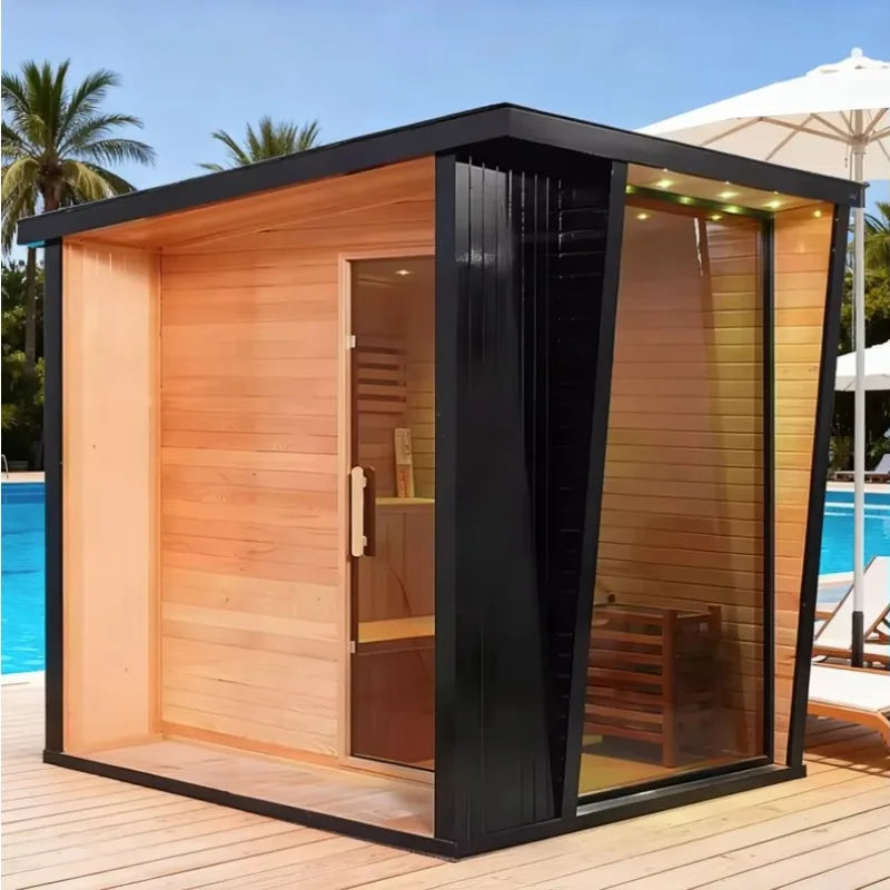 Customized 4 Person Outdoor Traditional Hemlock Wood Sauna Infrared Salt Therapy Sauna for Garden Backyard Villa Spa Relaxation