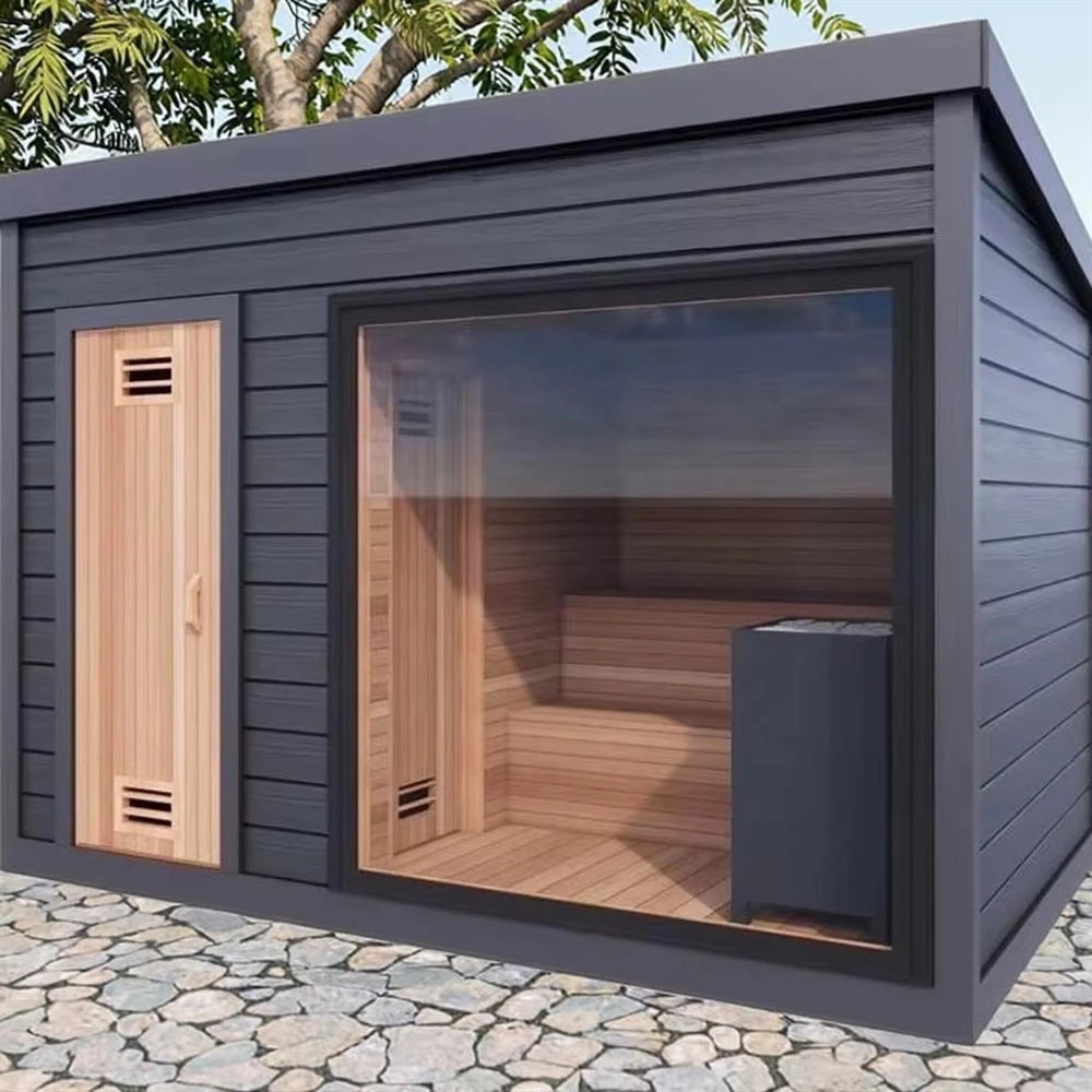 The Modern Hemlock Outdoor Sauna Is Equipped With A Villa Stove And Stones