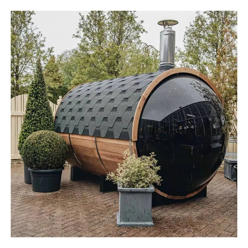 Fas Sauna Solid Wood Garden Panoramic Barrel Outdoor Sauna with Wood Stove