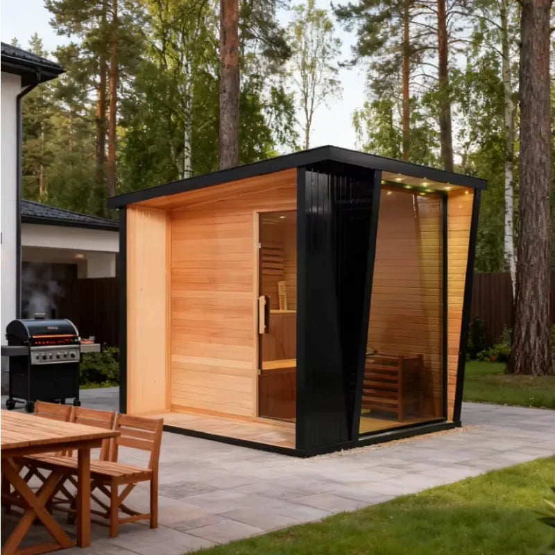 Customized 4 Person Outdoor Traditional Hemlock Wood Sauna Infrared Salt Therapy Sauna for Garden Backyard Villa Spa Relaxation