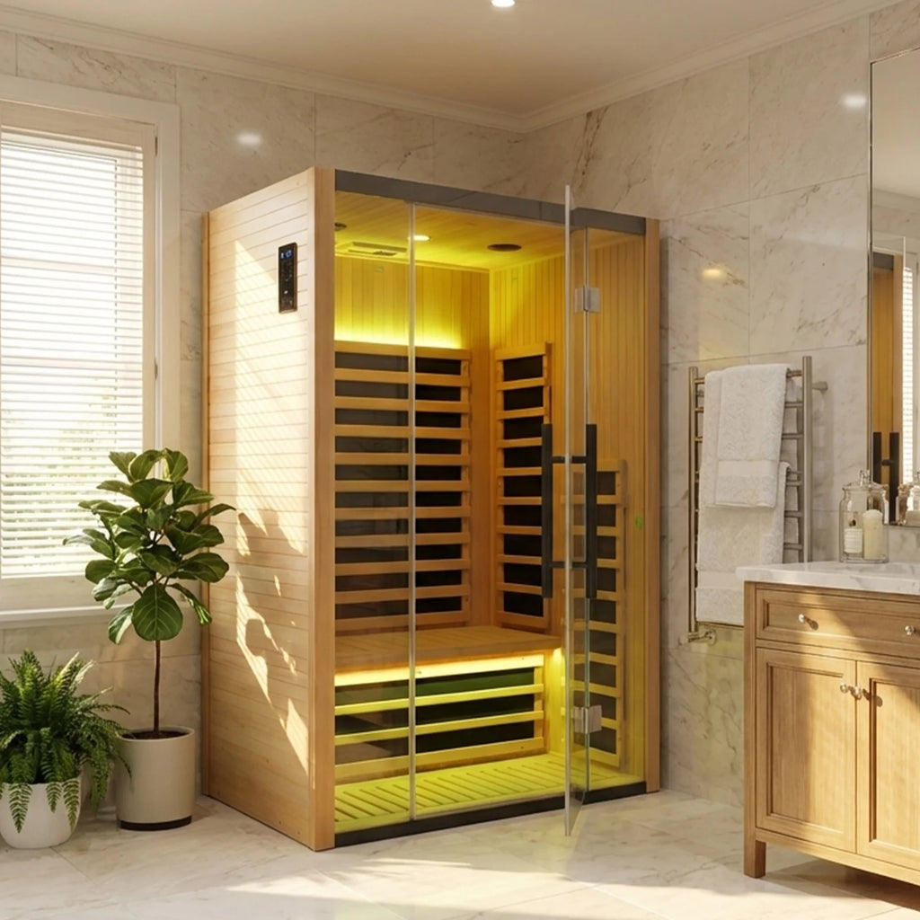  Outdoor Natural Spruce Graphene Far Infrared Sauna Room, Low EMF Home Sauna Cabin with Waterproof Asphalt Roof, Color Light Therapy for Backyard Spa Relax 
