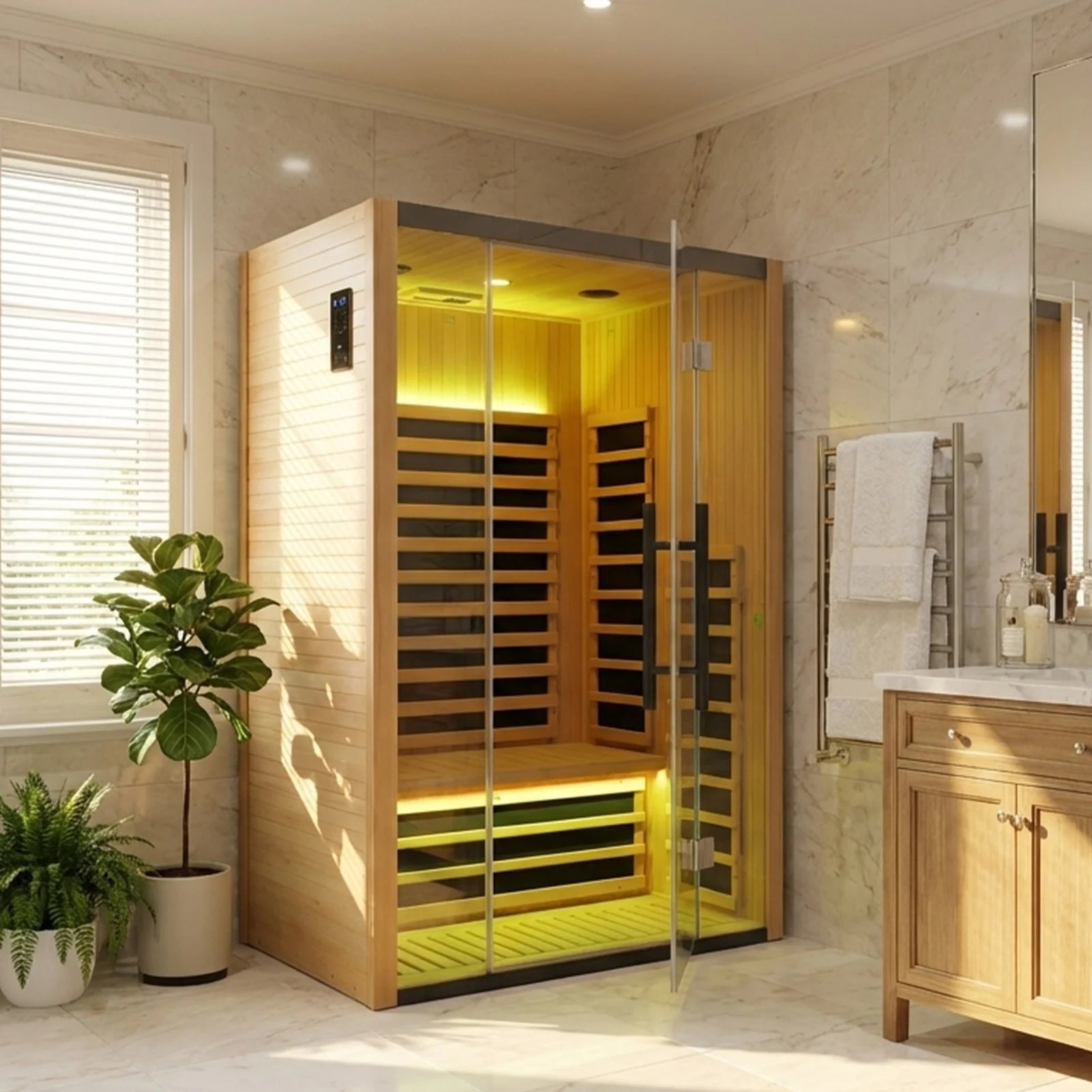  Outdoor Natural Spruce Graphene Far Infrared Sauna Room, Low EMF Home Sauna Cabin with Waterproof Asphalt Roof, Color Light Therapy for Backyard Spa Relax 