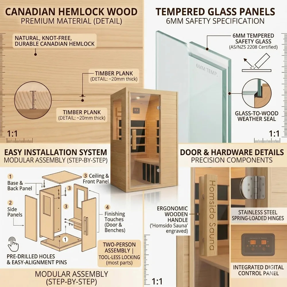 1-Person Low EMF Far Infrared Sauna, 900W Canadian Hemlock, Bluetooth, LED Light, Easy Assembly
