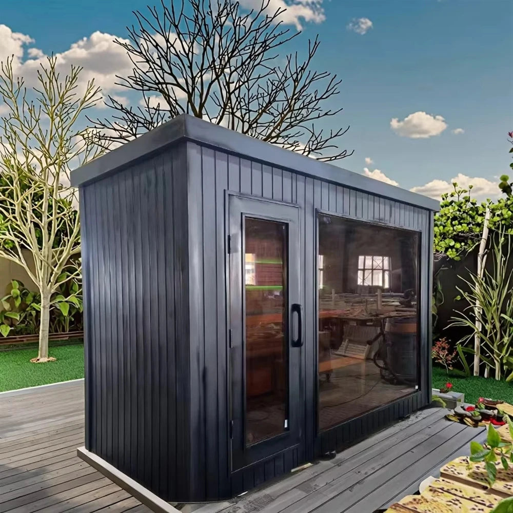 The Modern Hemlock Outdoor Sauna Is Equipped With A Villa Stove And Stones