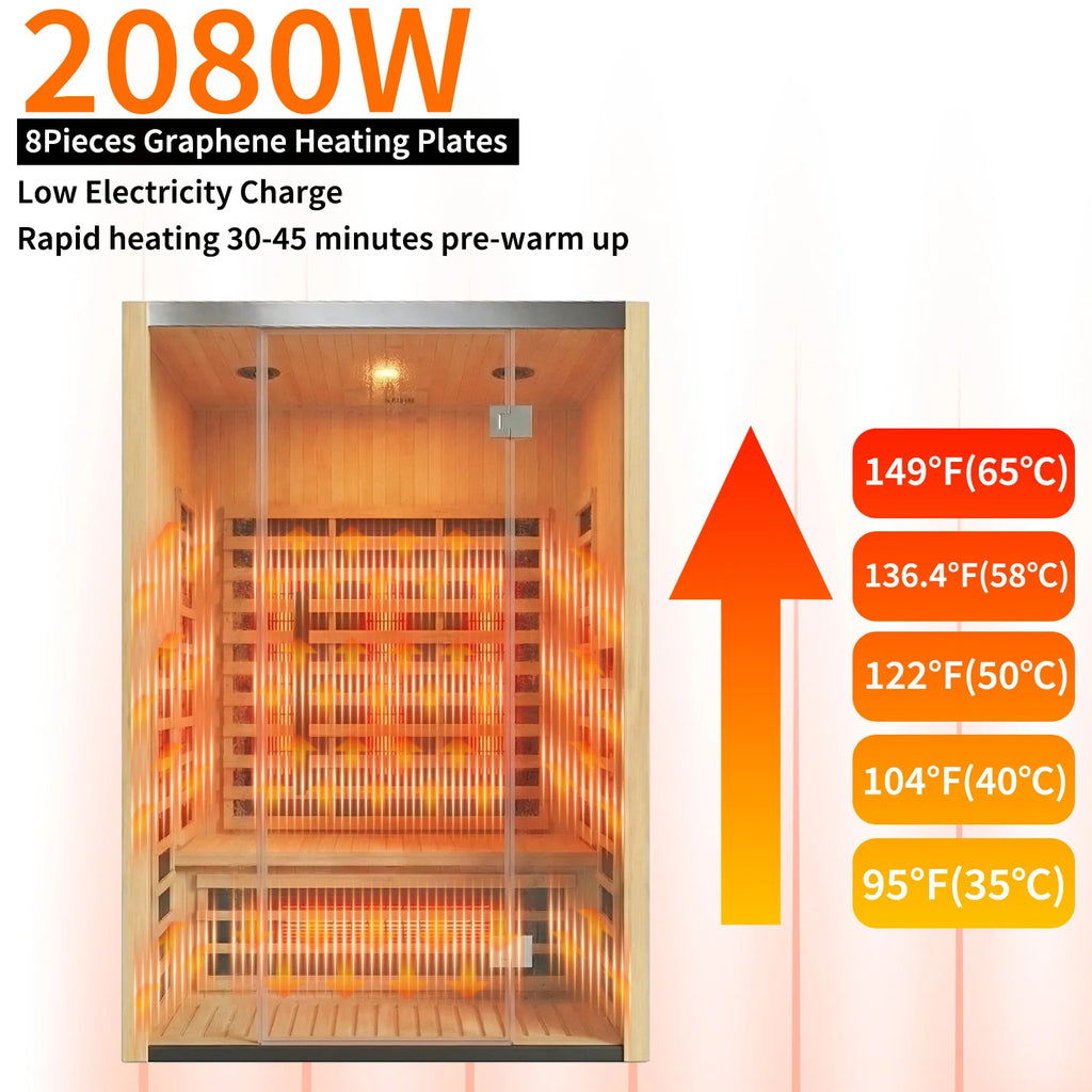  Outdoor Natural Spruce Graphene Far Infrared Sauna Room, Low EMF Home Sauna Cabin with Waterproof Asphalt Roof, Color Light Therapy for Backyard Spa Relax 