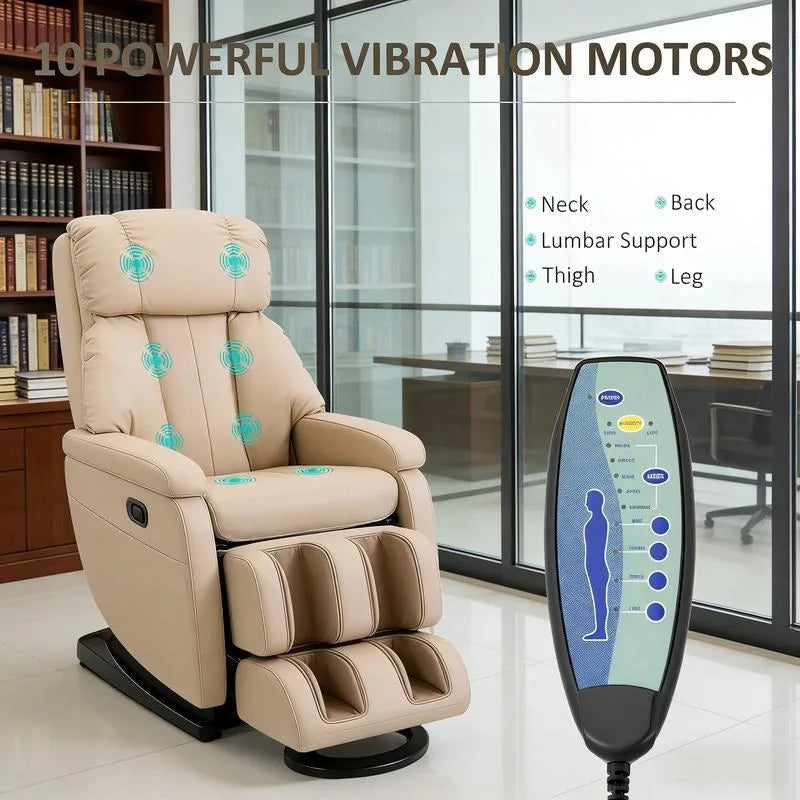 Beige  10-Point Massage Recliner Chair Faux Leather and Swivel Wood Base