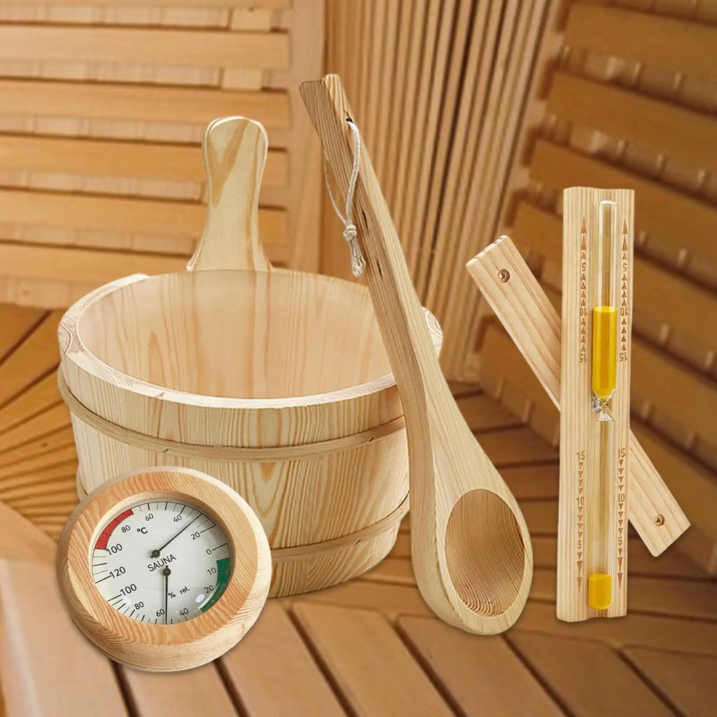 Sauna Equipment Kit 4L Wooden Bucket Premium Ladle Thermometer Sand Timer Set for Steam Room