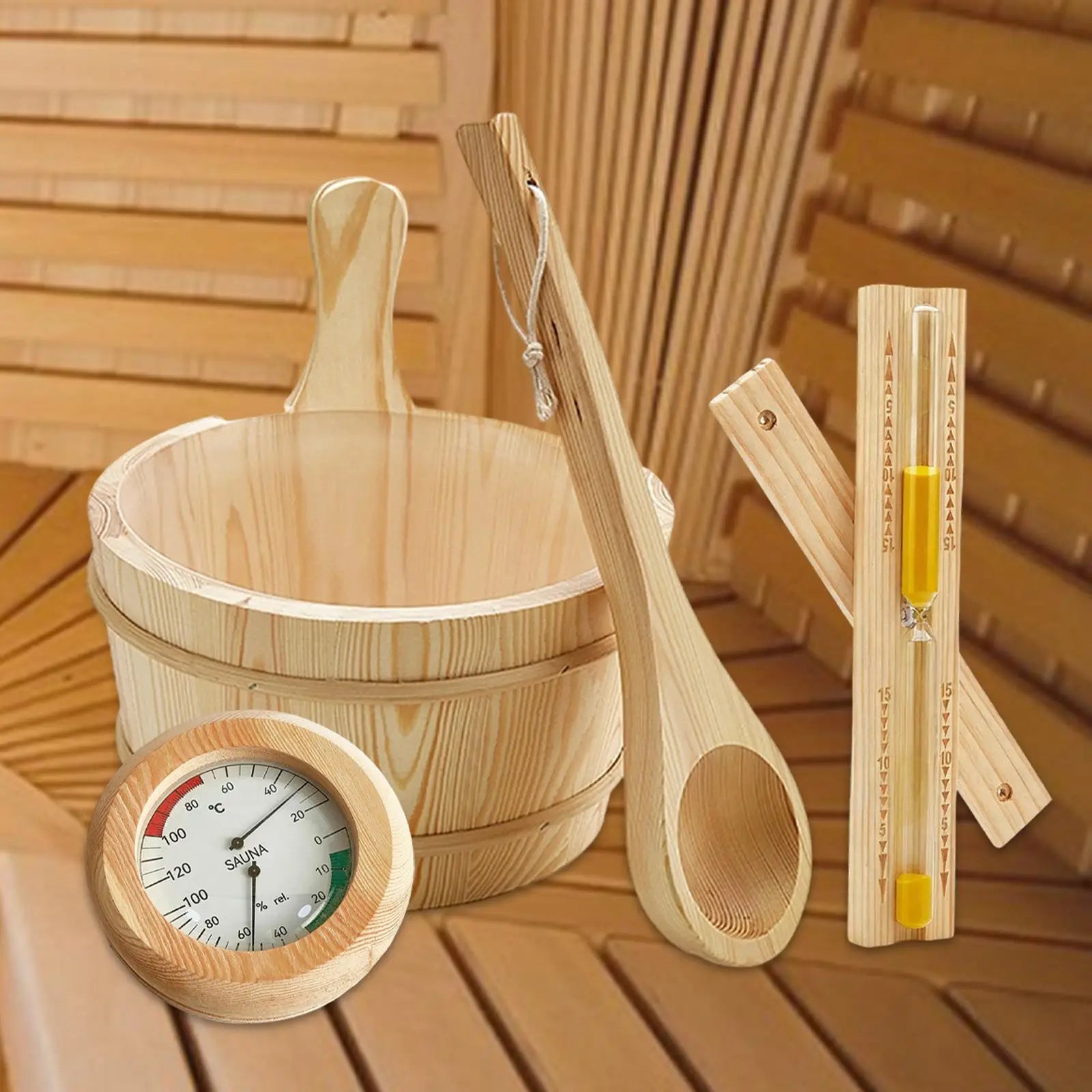 Sauna Equipment Kit 4L Wooden Bucket Premium Ladle Thermometer Sand Timer Set for Steam Room