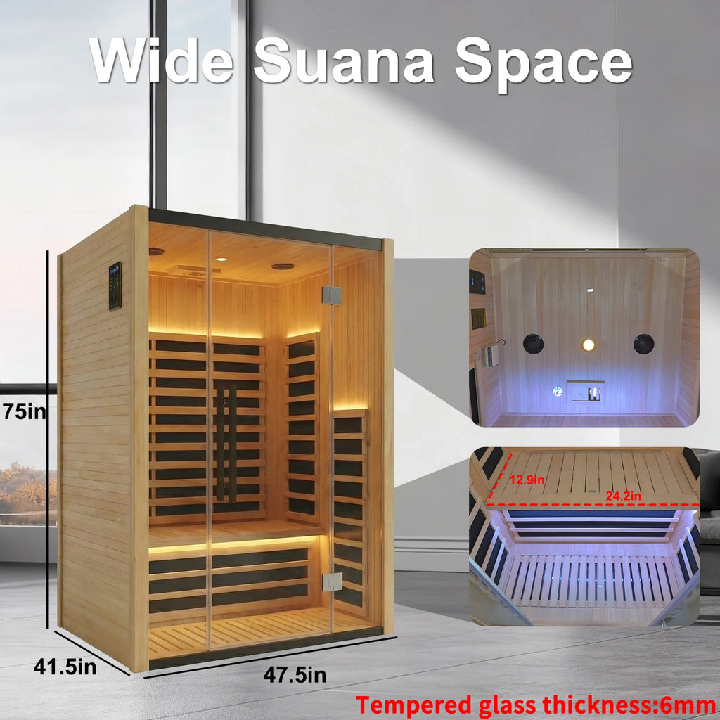  Outdoor Natural Spruce Graphene Far Infrared Sauna Room, Low EMF Home Sauna Cabin with Waterproof Asphalt Roof, Color Light Therapy for Backyard Spa Relax 