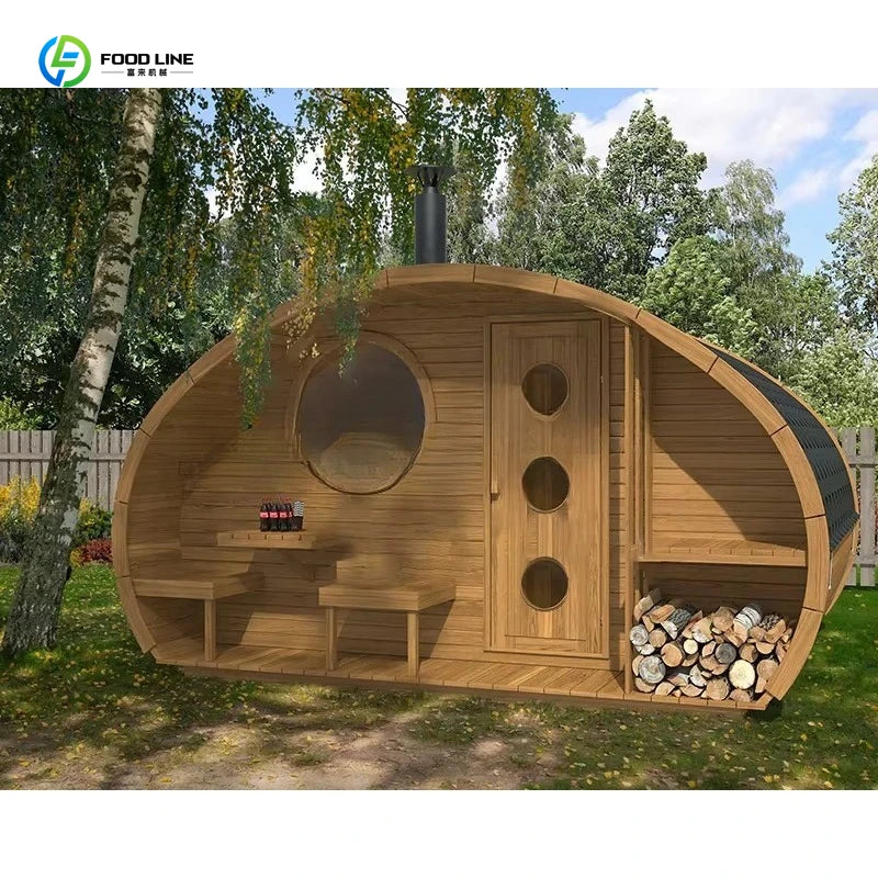 Customized Outdoor Barrel Sauna Suite Traditional Wood Burning Stove Village Wellness Retreat