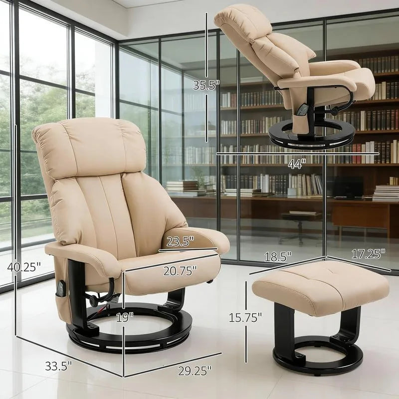 Beige  10-Point Massage Recliner Chair Faux Leather and Swivel Wood Base