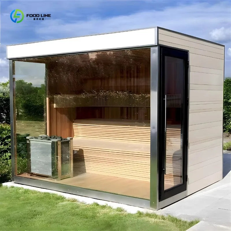 Modern Design 6kw Power Hemlock Solid Wood Panoramic Outdoor Dry Steam Sauna with Control Panel High Quality