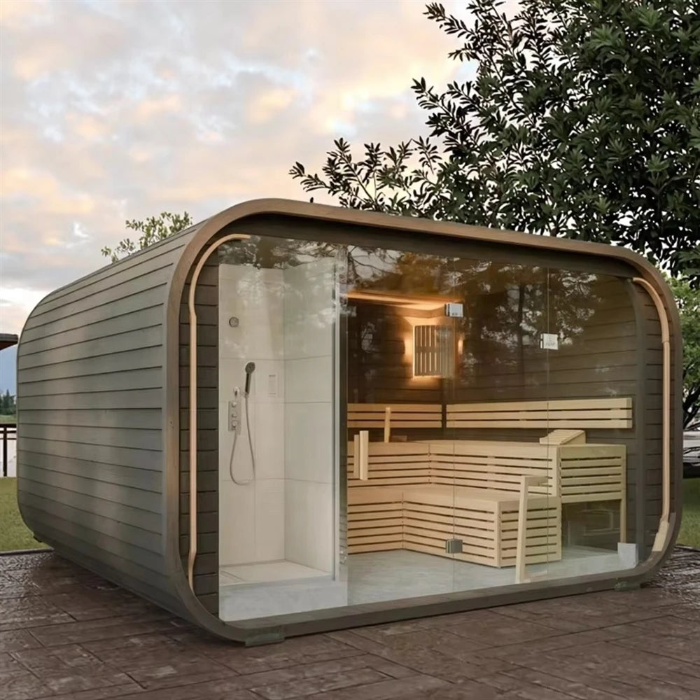 The Modern Hemlock Outdoor Sauna Is Equipped With A Villa Stove And Stones