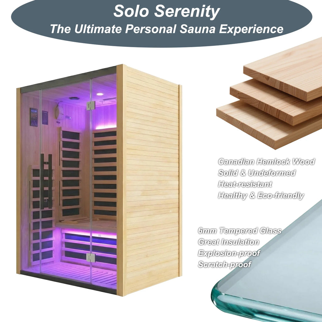  Outdoor Natural Spruce Graphene Far Infrared Sauna Room, Low EMF Home Sauna Cabin with Waterproof Asphalt Roof, Color Light Therapy for Backyard Spa Relax 