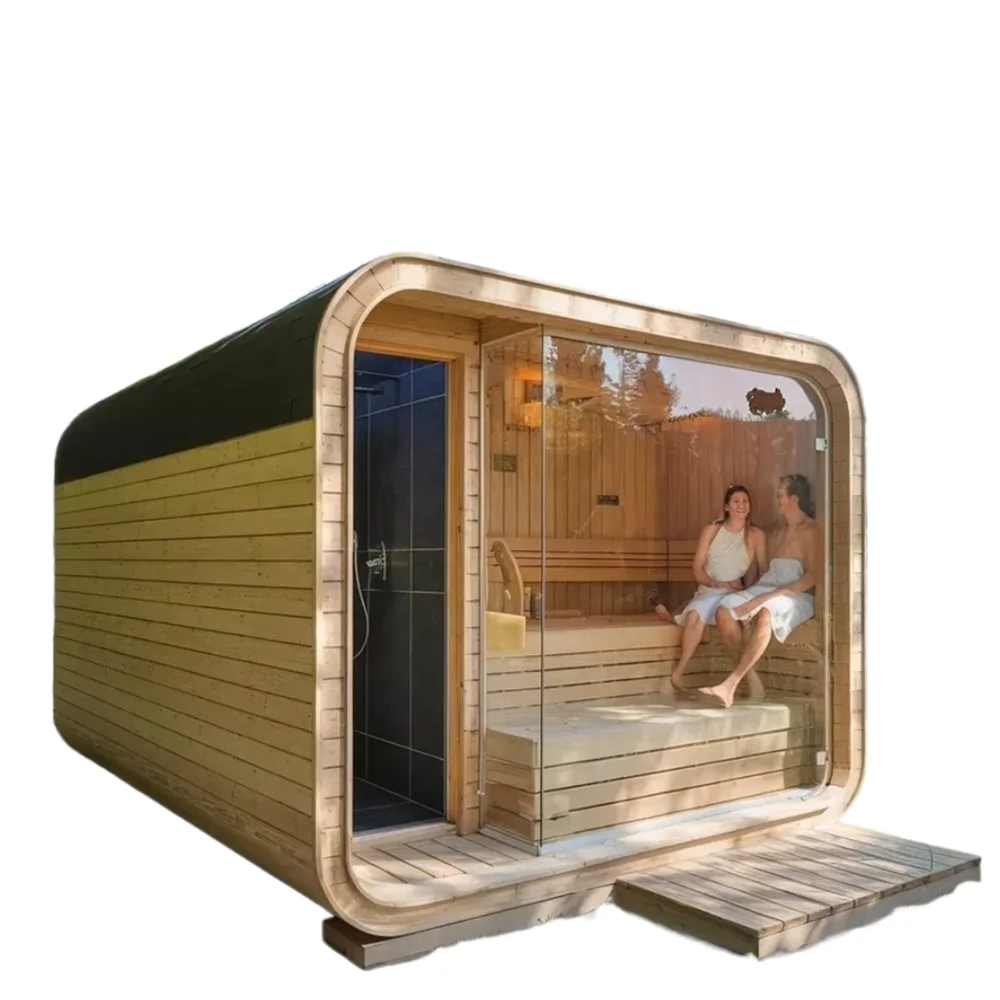 The Modern Hemlock Outdoor Sauna Is Equipped With A Villa Stove And Stones