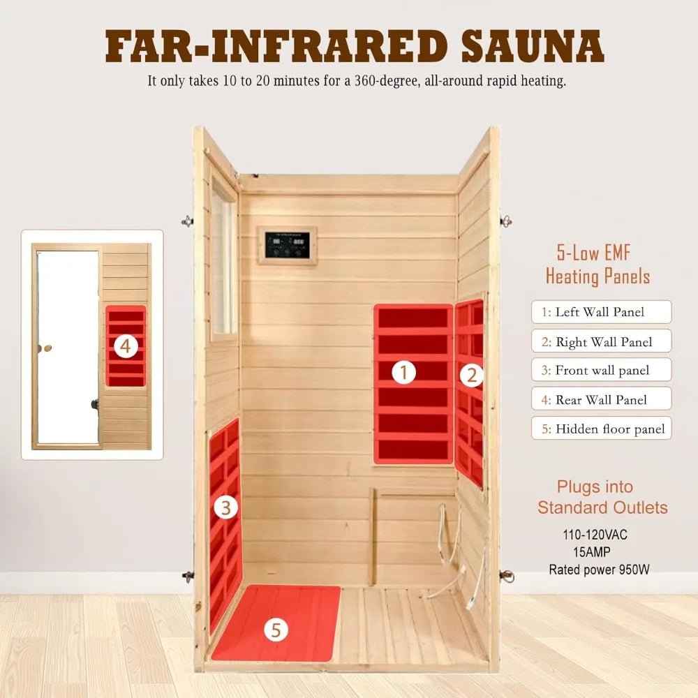 1 Person Far Infrared Sauna Low EMF Mini Indoor Wood Sauna Compact Home Spa Bluetooth LED Light 120V 950W