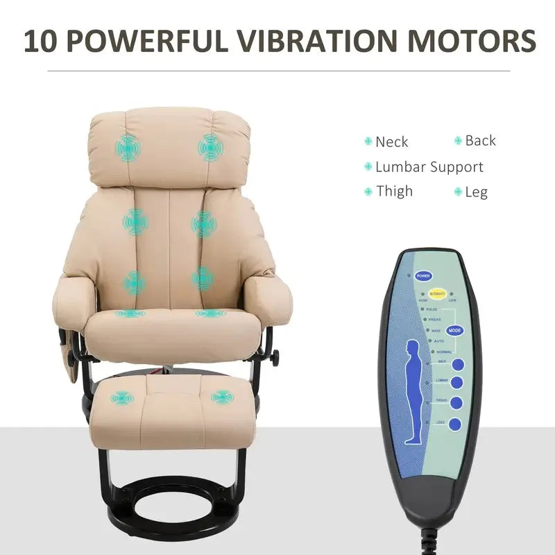 Beige  10-Point Massage Recliner Chair Faux Leather and Swivel Wood Base